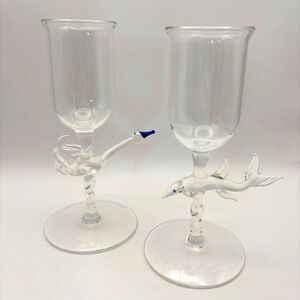 Vintage Czech Art Studio Glass Goblets Lampwork Hand Blown Swan Shark Pair